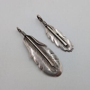 2 Navajo Sterling Silver Feather Necklace Pendants Signed Tee Mace